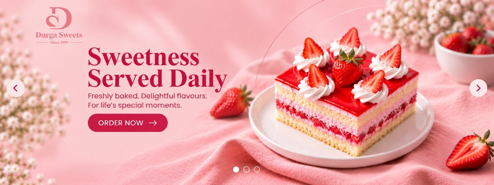 Durga Sweets Sweetness Served Daily banner featuring a strawberry cake