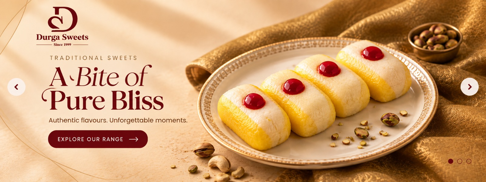 Durga Sweets A Bite of Pure Bliss banner featuring traditional sweets