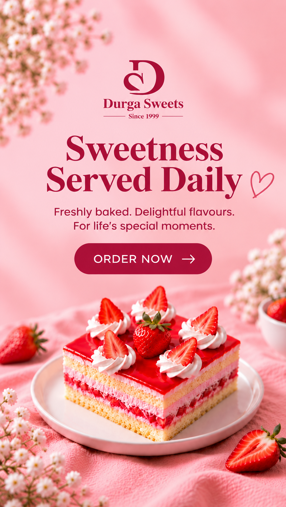 Durga Sweets Sweetness Served Daily banner featuring a strawberry cake