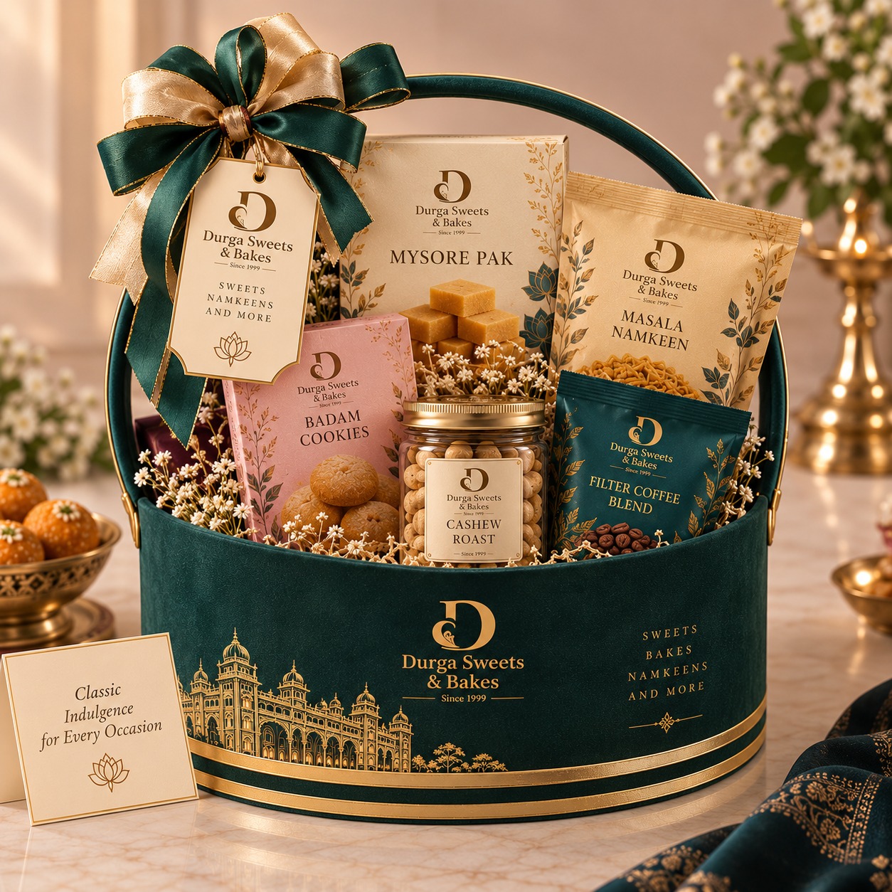 Classic Durga Sweets corporate gift hamper with Mysore Pak and sweets