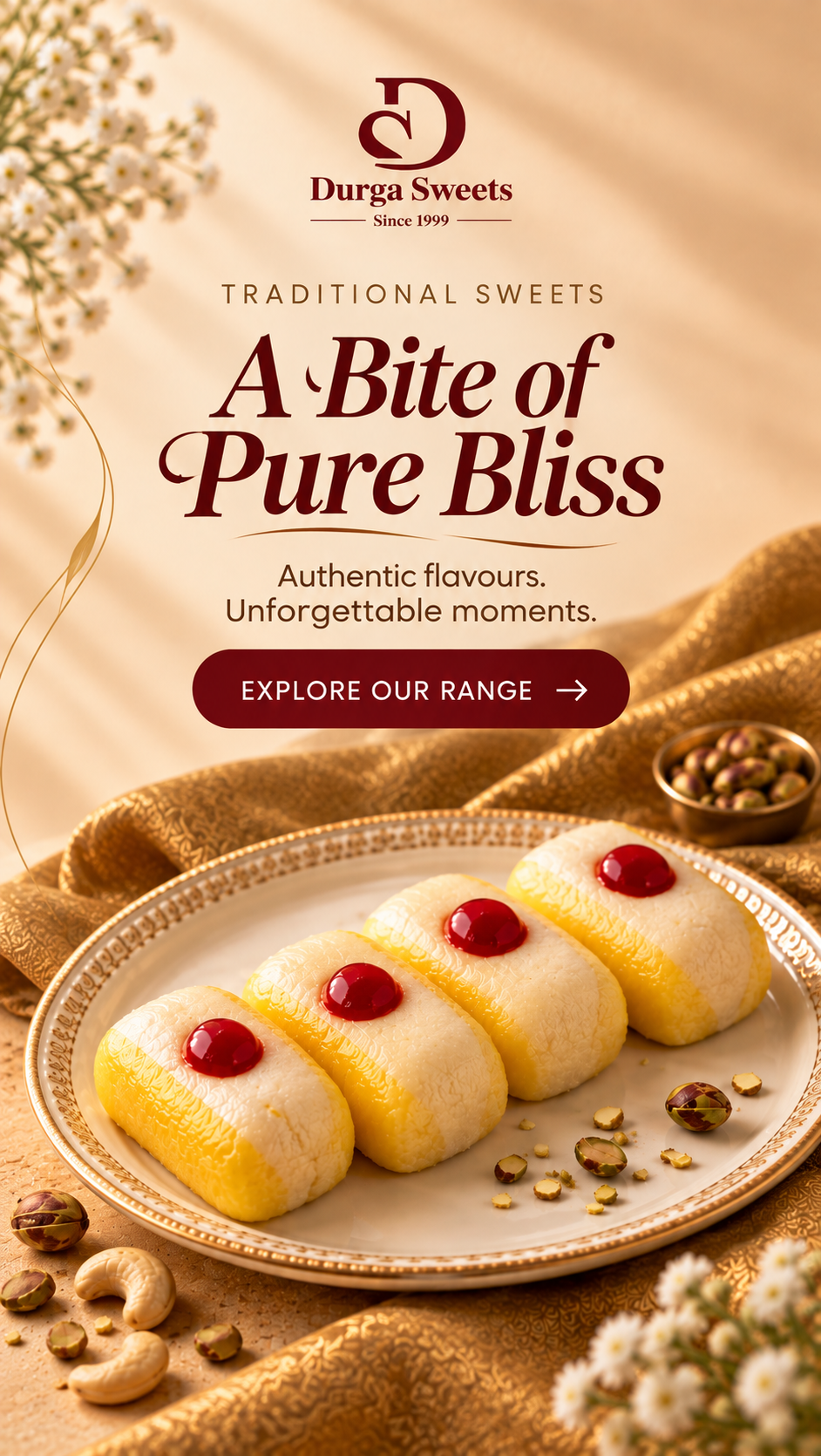 Durga Sweets A Bite of Pure Bliss banner featuring traditional sweets