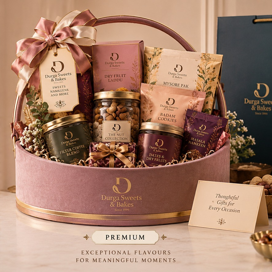 Premium Durga Sweets corporate gift hamper in burgundy packaging