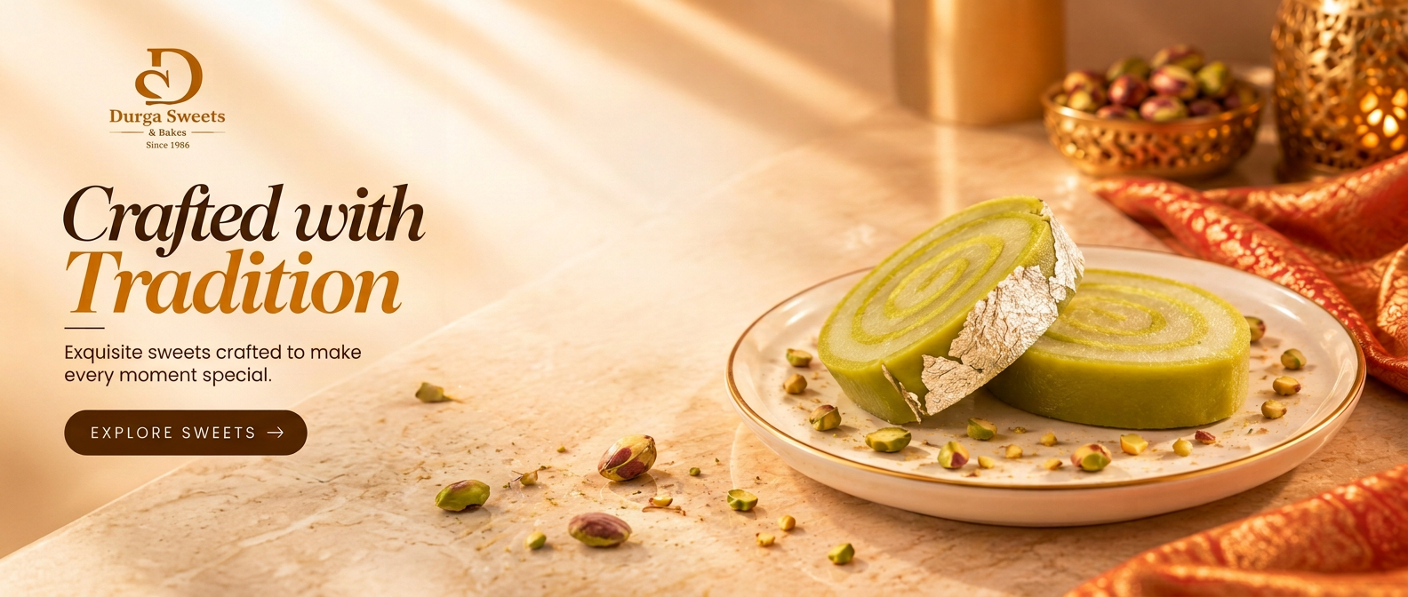 Durga Sweets Crafted with Tradition banner featuring silver-leaf pistachio sweets