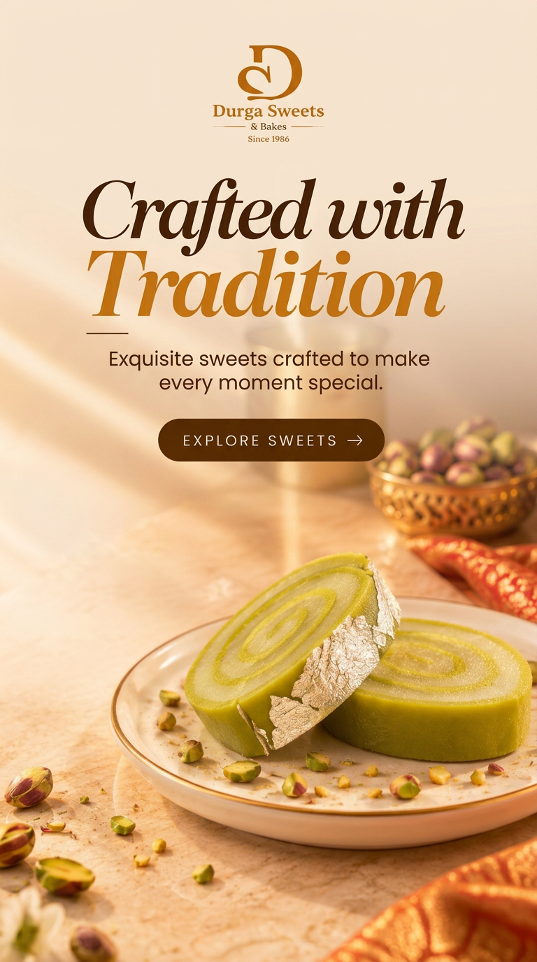 Durga Sweets Crafted with Tradition banner featuring silver-leaf pistachio sweets